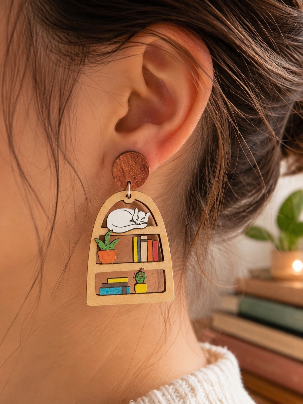 Wooden Cat & Bookshelf Statement Earrings New